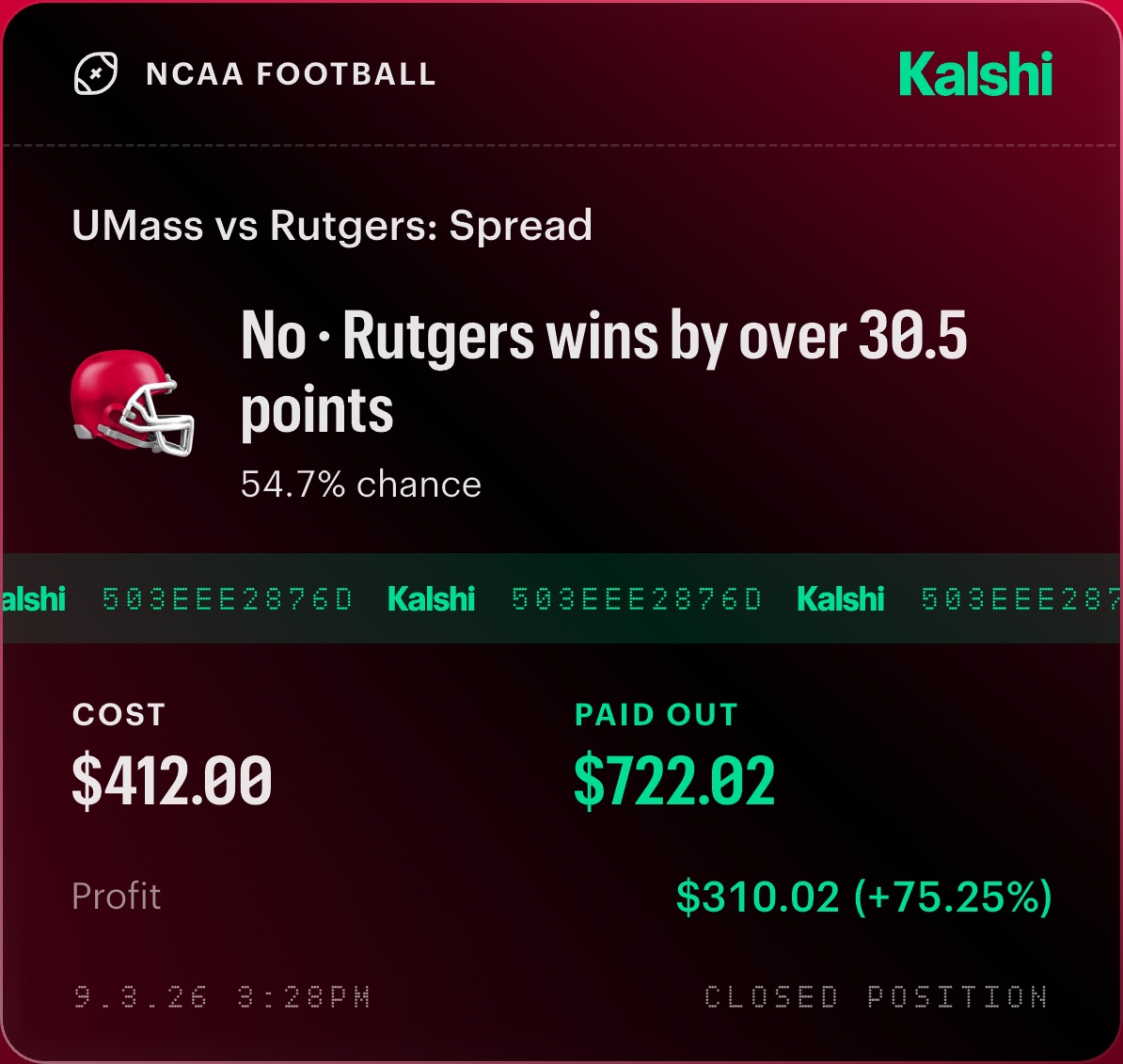 Kalshi closed-position receipt showing a $412 cost, $722.02 payout and $310.02 profit on No, Rutgers wins by over 30.5 points